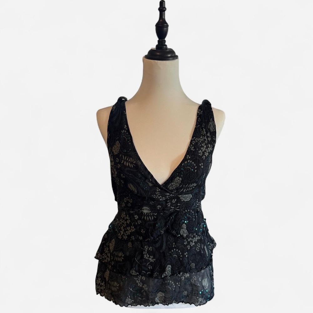 H&M Y2K Dark Floral Sequined Tiered Silk Camisole Tank Top Size 16